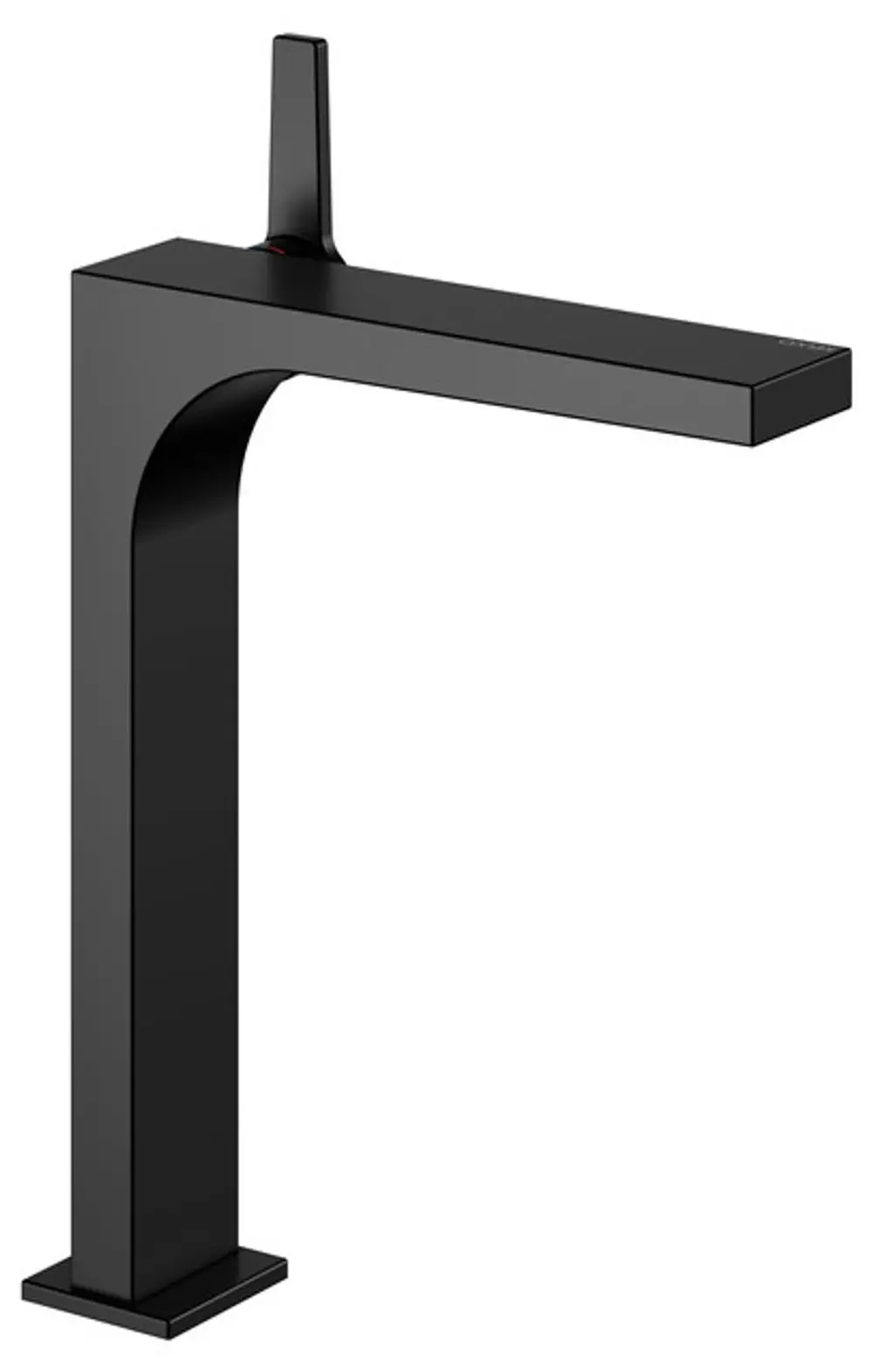 Schwarzer mattierter Keuco-Mischer mit flacher Armatur und rechteckiger Basis. Der Hebel befindet sich an der Seite. Ideal für moderne Badezimmerdesigns.